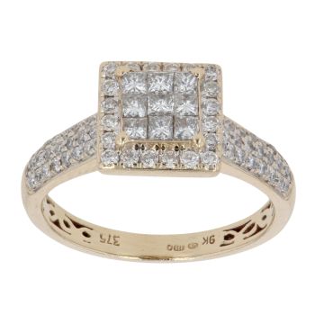 9ct Yellow Gold 0.90ct Princess and Brilliant Cut Diamond Cluster Ring