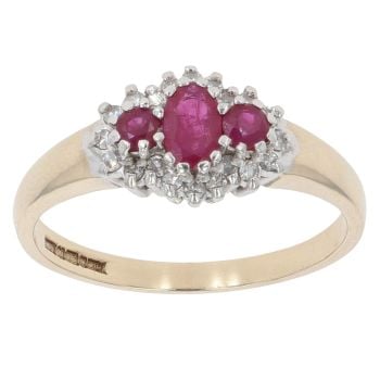 9ct Yellow Gold 0.10ct Diamond and Ruby Triple Cluster Ring