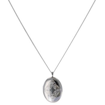 Silver Patterned Oval Locket and Chain 18" By Icesia