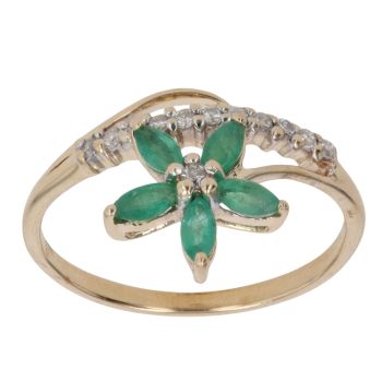 9ct Yellow Gold 0.10ct Brilliant Cut Diamond and Emerald Flower Ring