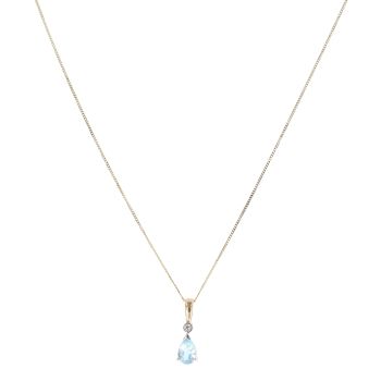 9ct Yellow Gold 0.01ct Diamond and Blue Topaz Pendant and Chain 18"