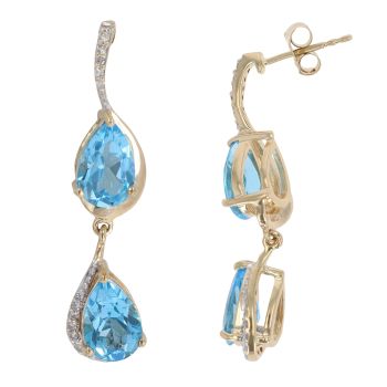 9ct Yellow Gold 0.10ct Diamond and Blue Topaz Drop Earrings
