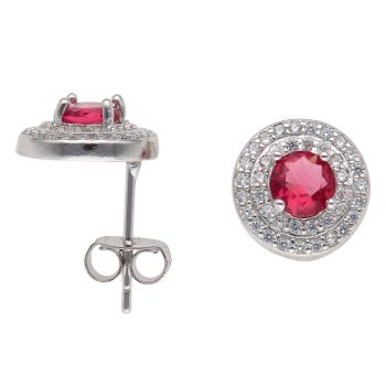 Silver Cubic Zirconia and Red Gemstone Cluster Stud Earrings By Icesia