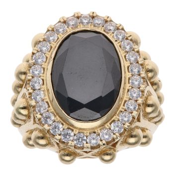 14ct Yellow Gold Cubic Zirconia and Black Gemstone Signet Ring