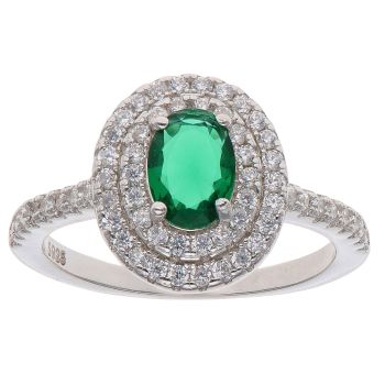 Silver Cubic Zirconia and Green Gemstone Cluster Ring By Icesia