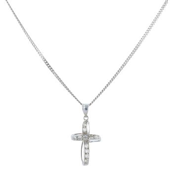 9ct White Gold Cubic Zirconia Cross Pendant and Chain 18"