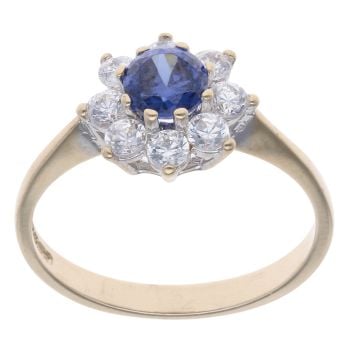 9ct Yellow Gold Blue Sapphire and Cubic Zirconia Cluster Ring
