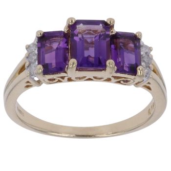 9ct Yellow Gold 0.10ct Diamond and Amethyst Three Stone Ring