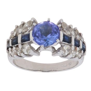 9ct White Gold 0.70ct Marquise Cut Diamond, Sapphire and Tanzanite Ring