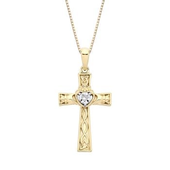 18ct Yellow ﻿Gold on Sterling Silver Diamond Celtic Claddagh Cross Pendant Necklace