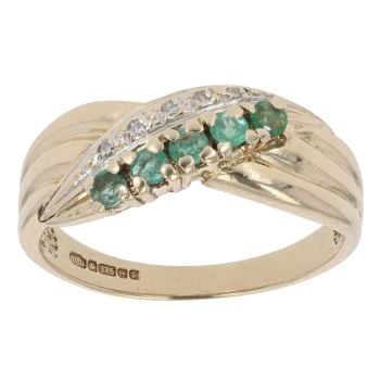 9ct Yellow Gold 0.05ct Diamond And Emerald Crossover Ring