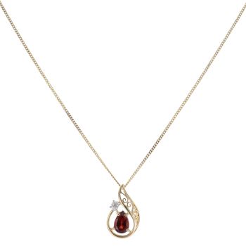 9ct Yellow Gold 0.01ct Diamond and Garnet Pendant and Chain 16"