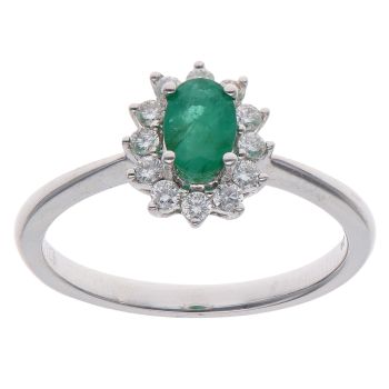 18ct White Gold 0.22ct Diamond and Emerald Cluster Ring