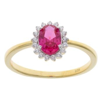 Gold Plated Silver Red Gemstone And Cubic Zirconia Cluster Ring