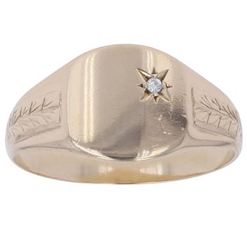 9ct Yellow Gold 0.01ct Diamond Patterned Signet Ring