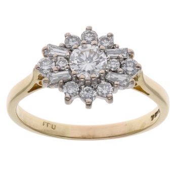 18ct Yellow Gold 0.75ct Brilliant And Baguette Cut Diamond Cluster Ring
