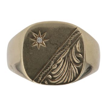 9ct Yellow Gold 0.02ct Diamond Patterned Signet Ring