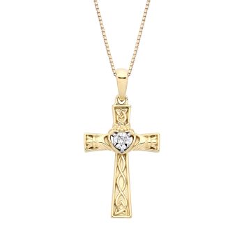 18ct Gold on Sterling Silver Diamond Celtic Claddagh Cross Pendant Necklace