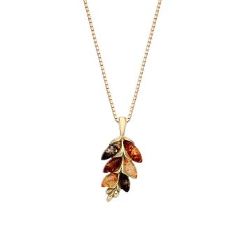 18ct Yellow ﻿Gold on Sterling Silver Baltic Amber Multi Leaf Drop Pendant Necklace
