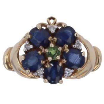 9ct Yellow Gold 0.05ct Diamond, Sapphire And Green Gemstone Cluster Ring