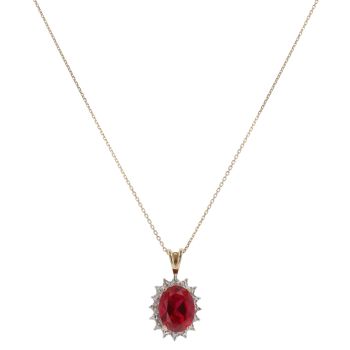 9ct Yellow Gold 0.02ct Diamond and Created Ruby Pendant and Chain 18"