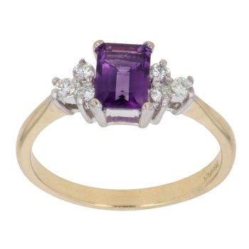 18ct Yellow Gold 0.20ct Brilliant Diamond and Emerald Cut Amethyst Ring