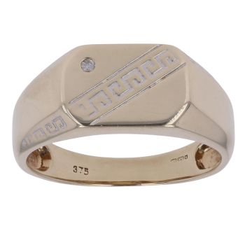 9ct Yellow and White Gold 0.01ct Diamond Greek Key Patterned Signet Ring