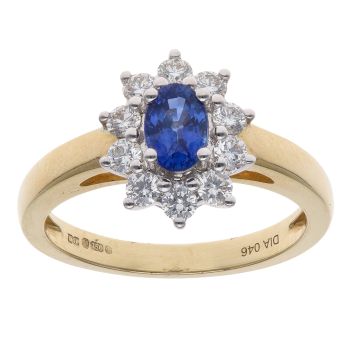 18ct Yellow Gold 0.46ct Brilliant Cut Diamond and Sapphire Cluster Ring