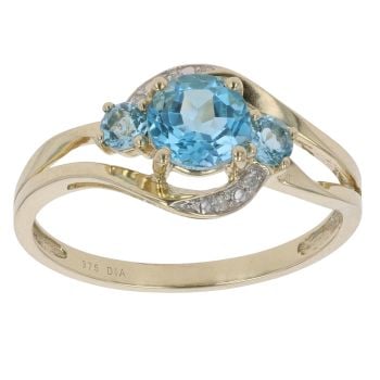 9ct Yellow Gold 0.05ct Diamond and Blue Topaz Three Stone Ring