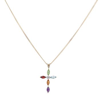 9ct Yellow Gold 0.01ct Diamond and Multi Gemstone Cross Pendant and Chain 18"