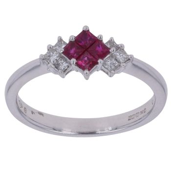 18ct White Gold 0.21ct Brilliant Cut Diamond and Ruby Cluster Ring