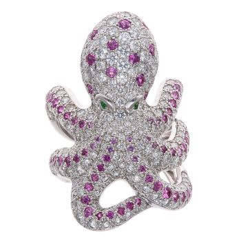 18ct White Gold 2.50-3.50ct Brilliant Cut Diamond, Pink Sapphire and Green Gemstone Octopus Ring