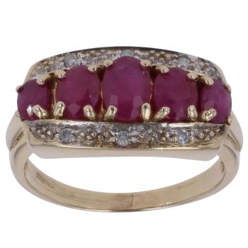 9ct Yellow Gold 0.05ct Diamond and Ruby Three Row Ring