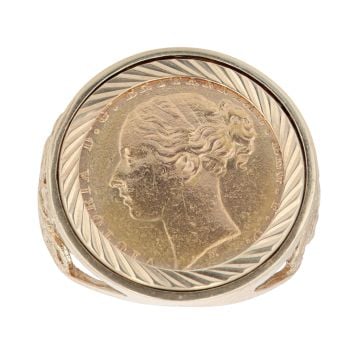 9ct Yellow Gold 1879 Victoria Full Sovereign Coin Ring