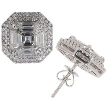Platinum 2.76ct Asscher Pie And Brilliant Cut Diamond Cluster Stud Earrings