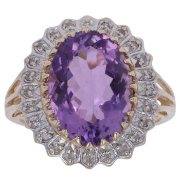 9ct Yellow Gold 0.12ct Diamond And Amethyst Cluster Ring