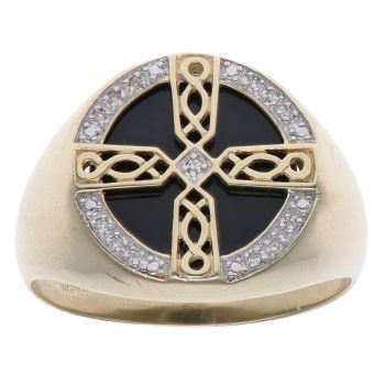 9ct Yellow Gold 0.05ct Diamond and Onyx Celtic Signet Ring