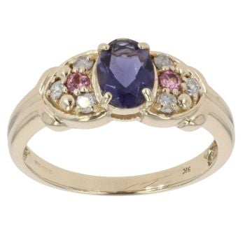 9ct Yellow Gold 0.10ct Diamond, Iolite and Pink Gemstone Dress Ring