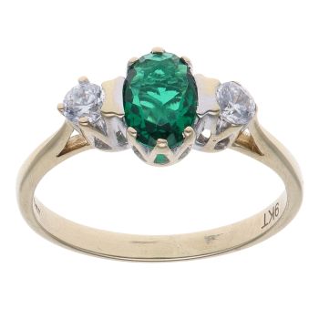 9ct Yellow Gold Cubic Zirconia and Green Tourmaline Three Stone Ring
