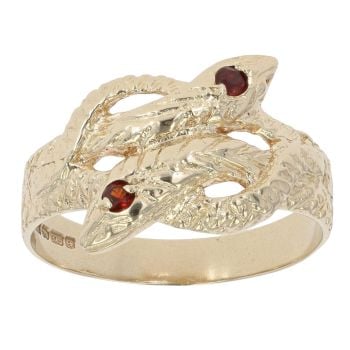 9ct Yellow Gold Garnet Double Snake Ring