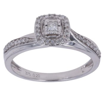 9ct White Gold 0.20ct Brilliant and Princess Cut Diamond Cluster Ring