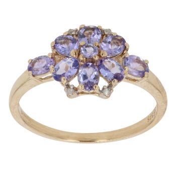 9ct Yellow Gold 0.05ct Brilliant and Oval Cut Diamond and Tanzanite Cluster Ring