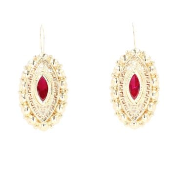 14ct Yellow Gold Red Gemstone Greek Key Marquise Earrings