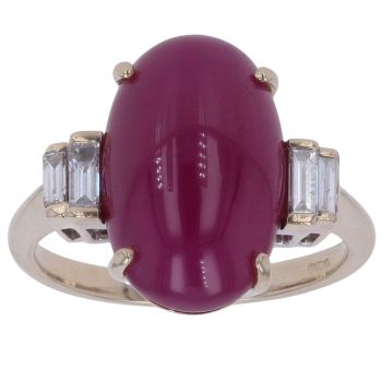 18ct White Gold 0.40ct Baguette Cut Diamond and Ruby Cabochon Ring