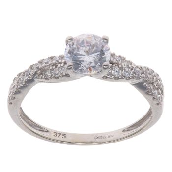9ct White Gold Cubic Zirconia Solitaire Crossover Ring