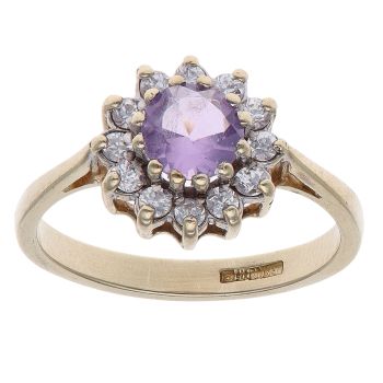 9ct Yellow Gold Cubic Zirconia and Amethyst Cluster Ring