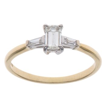 18ct Yellow Gold 0.55ct Emerald and Baguette Cut Diamond Solitaire Ring