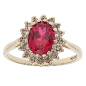 9ct Yellow Gold Red Gemstone and 0.10ct Diamond Cluster Ring