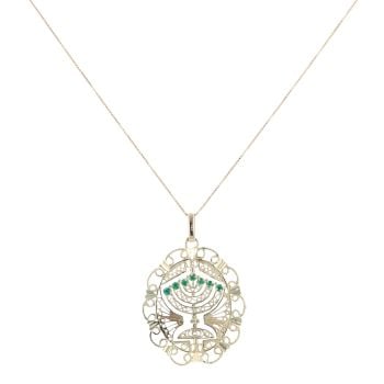 9ct Yellow Gold Emerald And Sapphire Menorah Pendant And Chain 18"