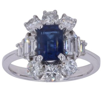 18ct White Gold 1.25ct Brilliant and Baguette Cut Diamond and Sapphire Cluster Ring